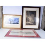 A signed framed 19th Century etching of the interior of a cathedral, together with a framed print of
