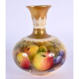 A FINE ROYAL WORCESTER FRUIT PAINTED VASE by Lockyer. 11 cm high.
