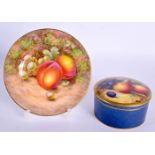 A ROYAL WORCESTER FRUIT PAINTED BOX AND COVER together with a plate. Largest 15 cm diameter. (2)