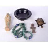 A miscellaneous collection including a bronze lock in the form of turtle, beads, glazed pottery Pha