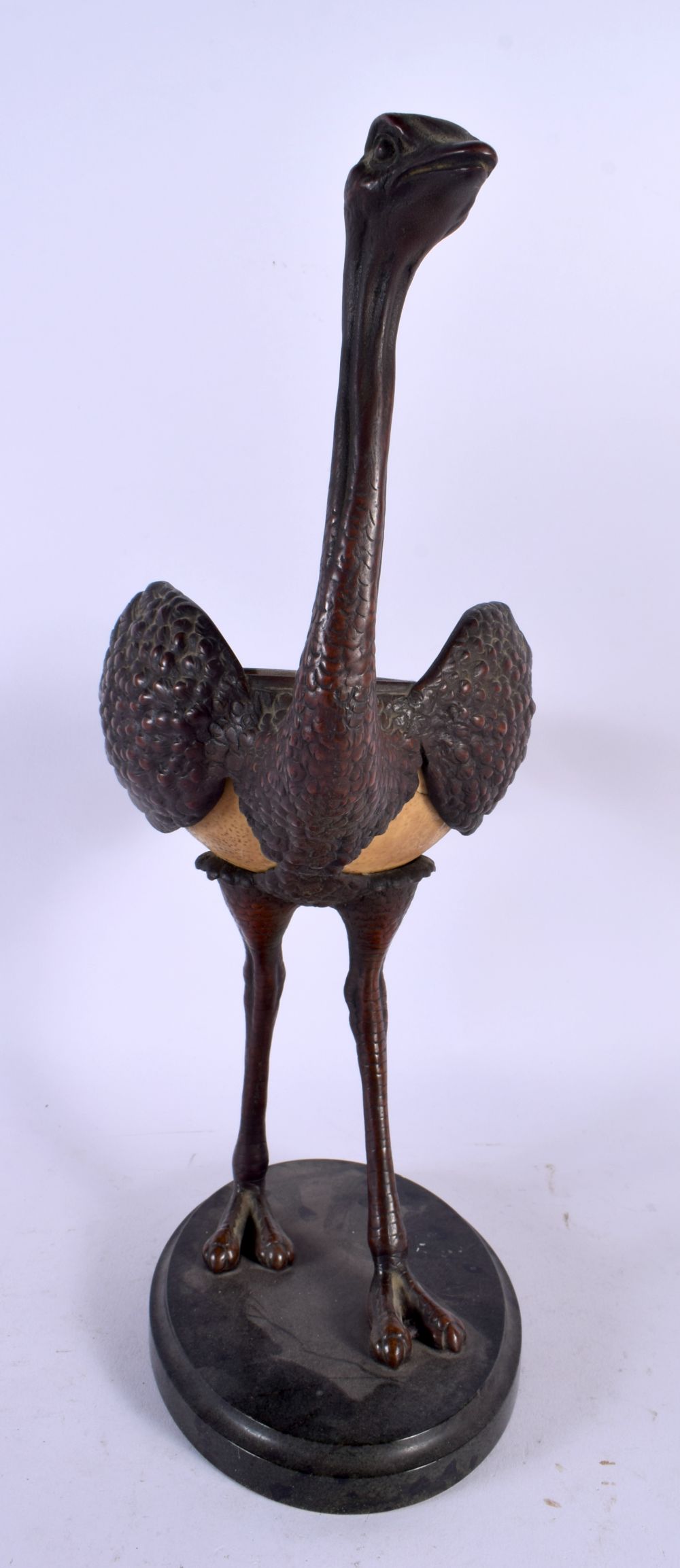 AN UNUSUAL 19TH CENTURY CONTINENTAL BRONZE FIGURE OF AN OSTRICH EGG formed with an ostrich egg body. - Image 2 of 7