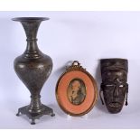 A 19TH CENTURY MIDDLE EASTERN COPPER ALLOY VASE together with a tribal mask and an English Watercolo