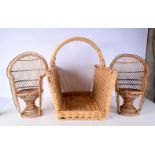 A pair of wicker peacock chair plant stands together with a large log basket 41 cm (2).