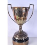 A LARGE EPNS TWIN HANDLED TROPHY WITH ASSOCIATED BASE. Trophy 35cm high