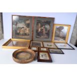 A collection of antique framed Lithographic prints,etchings, framed embroidery/stitchwork 35 x 27 cm