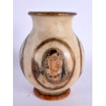 A RARE 18TH CENTURY INDIAN MUGHAL PAINTED MARBLE VASE decorated with portraits around the body. 13 c