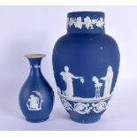 AN ADAMS BLUE JASPER WARE PORCELAIN CLASSICAL VASE together with a smaller Wedgwood vase. Largest 22