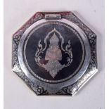 A NIELLO SILVER COMPACT WITH AN ORIENTAL DESIGN Stamped Sterling, 7cm x 7cm, weight 63.5g