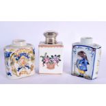 AN ANTIQUE SAMSONS OF PARIS SILVER MOUNTED PORCELAIN TEA CANISTER together with two others. Largest