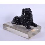 A RARE ANTIQUE ENGLISH COUNTRY HOUSE BLACK GLASS AND CRYSTAL LION PAPERWEIGHT. 11 cm x 9 cm.