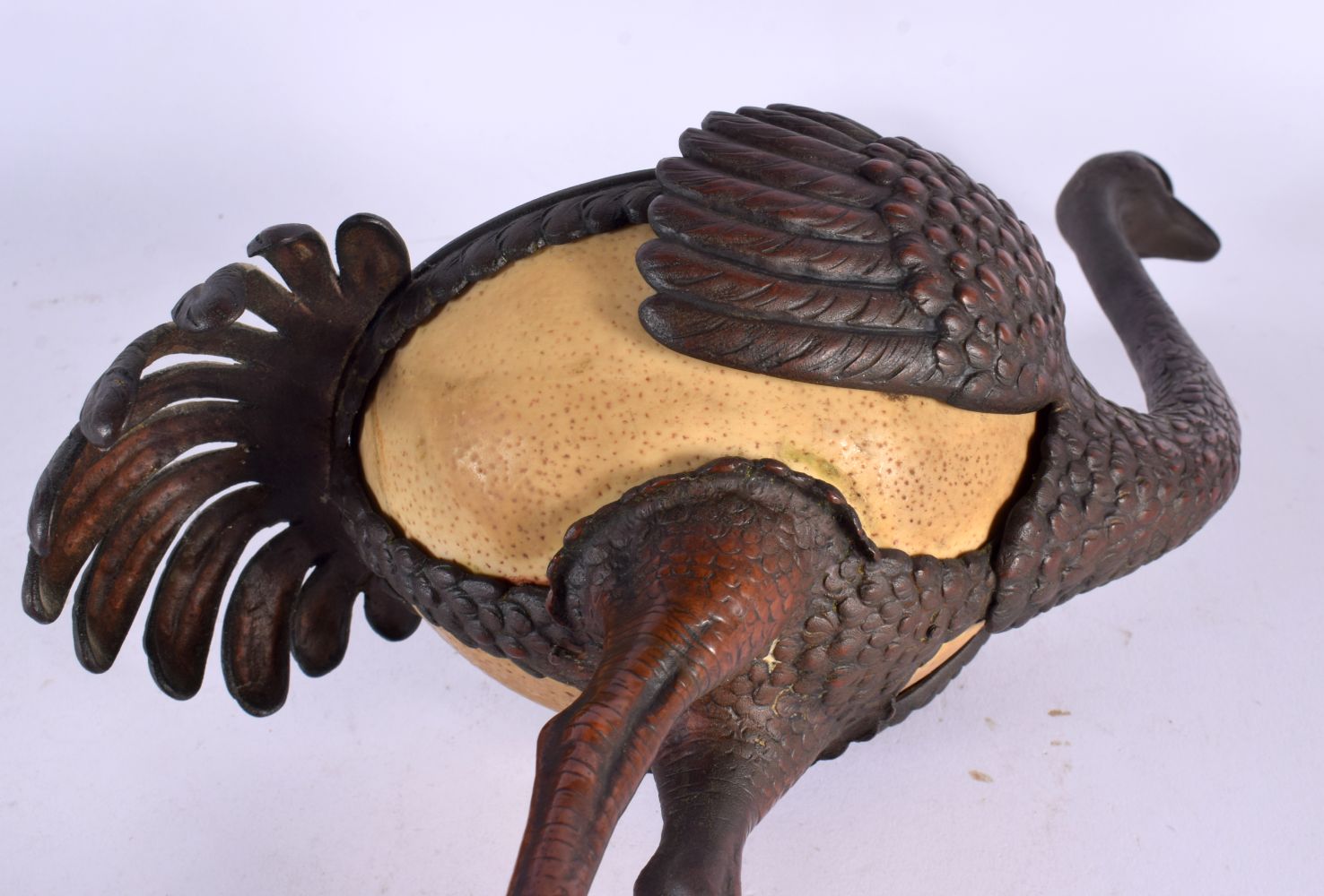 AN UNUSUAL 19TH CENTURY CONTINENTAL BRONZE FIGURE OF AN OSTRICH EGG formed with an ostrich egg body. - Image 6 of 7