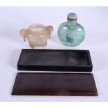A 19TH CENTURY JAPANESE MEIJI PERIOD CARVED HARDWOOD INK BLOCK together with an agate koro & imitati