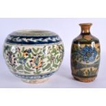 A 19TH CENTURY PERSIAN QAJAR POTTERY BOWL together with a similar bottle vase. Largest 15 cm x 15 cm