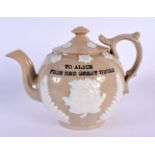 AN UNUSUAL ANTIQUE DERBYSHIRE POTTERY TEAPOT AND COVER with family inscription. 21 cm x 18 cm.