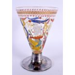 AN ANTIQUE EUROPEAN ENAMELLED GLASS VASE with silver mounts. 14 cm high.