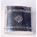 AN ANTIQUE BRIGHT CUT SILVER BOX AND COVER IN THE SHAPE OF A GEORGIAN HAT BOX. 3.4cm x 3.6cm x 2.1c