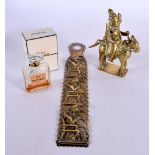 A VICTORIAN BRASS PUNCH LETTER CLIP together with a Chanel scent bottle & pair of Indian bronze. Lar