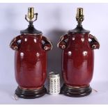 A PAIR OF CHINESE REPUBLICAN PERIOD FLAMBE GLAZED LAMPS. 46 cm x 15 cm.