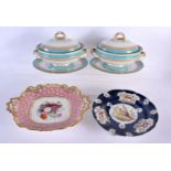 A FINE EARLY 19TH CENTURY CHAMBERLAINS WORCESTER DISH together with a pair of Worcester tureens & a