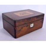 A VICTORIAN TUNBRIDGE WARE ROSEWOOD BOX decorated with a dog. 21 cm x 14 cm.