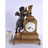 A LARGE 19TH CENTURY FRENCH BRONZE MANTEL CLOCK modelled with a putti holding a chicken. 38 cm x 24