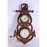 AN UNUSUAL VICTORIAN MARITIME CARVED WOOD ANCHOR BAROMETER CLOCK. 54 cm x 28 cm.