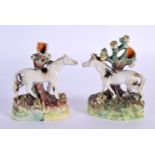 AN EXTREMELY RARE PAIR OF 19TH CENTURY MINIATURE STAFFORDSHIRE HORSE SPILL VASES of naturalistic for