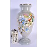 A LARGE VICTORIAN OPALINE ENAMELLED GLASS VASE painted with flowers. 33 cm x 15 cm.