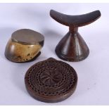 AN ANTIQUE TRIBAL AFRICAN CARVED WOOD HEAD REST together with a treen butter pat & hoof inkwell. Lar