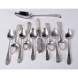 TEN EARLY SILVER SPOONS TOGETHER WITH A FISH KNIFE. Various hallmarks, total weight 217g (12)