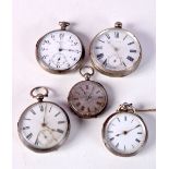 THREE HALLMARKED SILVER POCKET WATCHES TOGETHER WITH TWO OTHERS. Largest dial 5.2cm, total weight 3