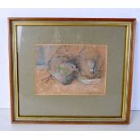 William Miles Johnston, 1893-1974. A framed 'Gouache of Pigeons'. 12.5 x 17cm.