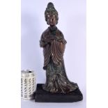 A LARGE 19TH CENTURY JAPANESE MEIJI PERIOD BRONZE FIGURE OF A DEITY modelled holding a fan, wearing