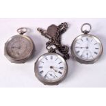 THREE SILVER POCKET WATCHES. Hallmarked Birmingham 1920. London 1885 and Birmingham 1899. Largest