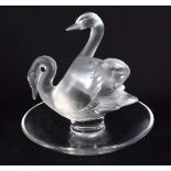 A FRENCH LALIQUE GLASS TWIN SWAN DISH. 10 cm x 9 cm.