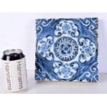 A Chinese blue and white temple tile 19.5 x 19.5 cm.