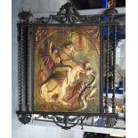 A LOVELY RARE ARTS AND CRAFTS WROUGHT IRON SAINT GEORGE AND THE DRAGON PANEL modelled within a lands