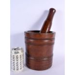 A LOVELY 18TH CENTURY ENGLISH FRUITWOOD PESTLE AND MORTAR. Mortar 20 cm x 15 cm. (2)