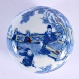 A 19TH CENTURY CHINESE BLUE AND WHITE PORCELAIN BOX AND COVER bearing Qianlong marks to base, painte