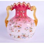 AN ANTIQUE ENAMELLED PEACH BLOOM GLASS VASE. 15 cm x 10 cm.