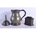 A GEORGE III PEWTER TEA CADDY AND COVER together with a similar funnel & tankard. Largest 15 cm x 13