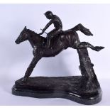 A LARGE CONTEMPORARY BRONZE HORSE AND JOCKEY FIGURE. 34 cm x 28 cm.