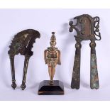 TWO 19TH CENTURY MIDDLE EASTERN BEETLE NUT CRACKERS together with a bronze buddhistic deity. Largest