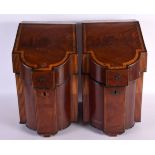 A LARGE PAIR OF GEORGE III MAHOGANY AND SATINWOOD KNIFE BOXES now with vacant interiors. 40 cm x 20
