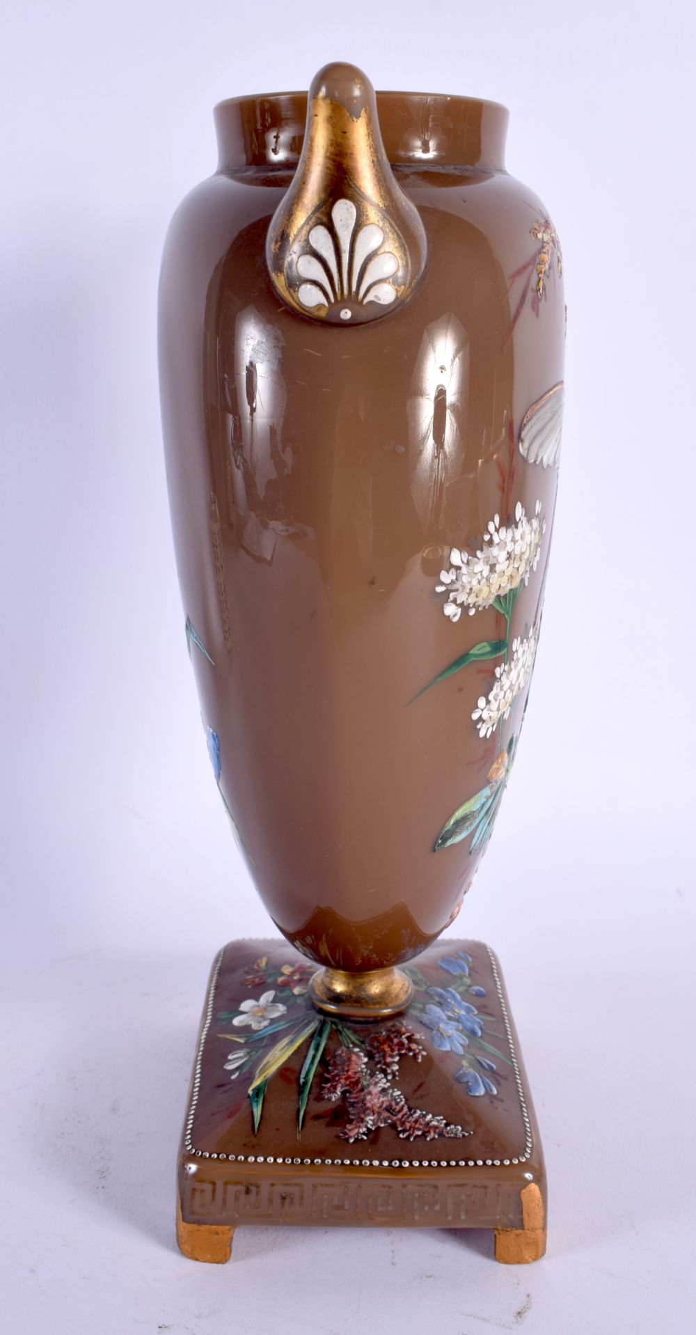 A LARGE AESTHETIC MOVEMENT ENAMELLED TWIN HANDLED GLASS VASE decorated with birds and flowers. 27 cm - Bild 3 aus 6