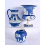 A 19TH CENTURY ENGLISH JASPERWAR PORCELAIN CAMPAGNA URN together with a Wedgwood jug and vase. Large