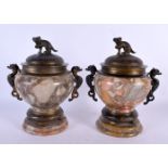 A FINE PAIR OF 19TH CENTURY EUROPEAN GRAND TOUR STONE BOWLS AND COVERS with antique Japanese bronze