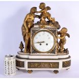 A LARGE 19TH CENTURY FRENCH BRONZE AND WHITE MARBLE MANTEL CLOCK formed with figures and putti. 44 c