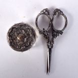 A PAIR OF SILVER SCISSORS and a silver topped jar. 64 grams. Largest 10 cm x 4 cm. (2)
