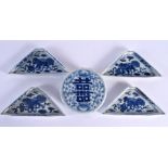 Chinese four piece hors doeuvres set decorated with dragons and Chinese symbols in underglaze blue a